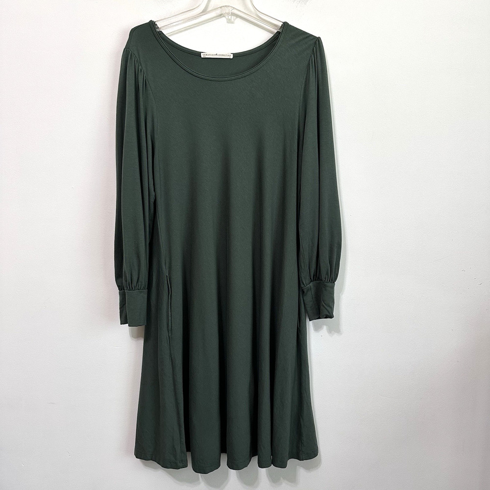 Peruvian Connection‎ Long Puff Sleeve Dress XL Green Pullover Designer Stretch
